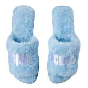 Aldi X Serra | "Wine O Clock" Light Blue Fuzzy Ladies Open Toe Slippers | Size 8